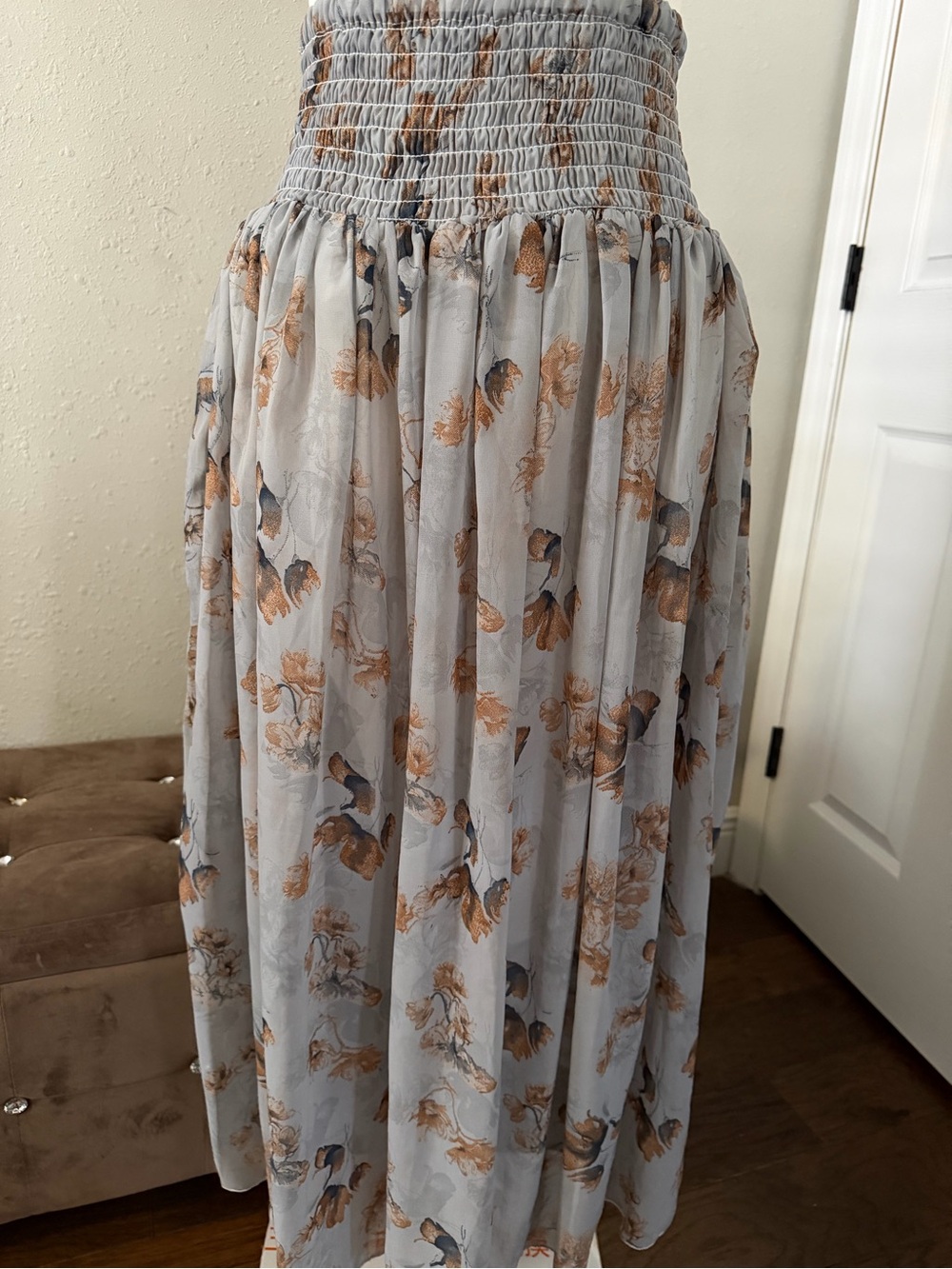 Light Gray Floral Maxi Skirt with Smocked Waist